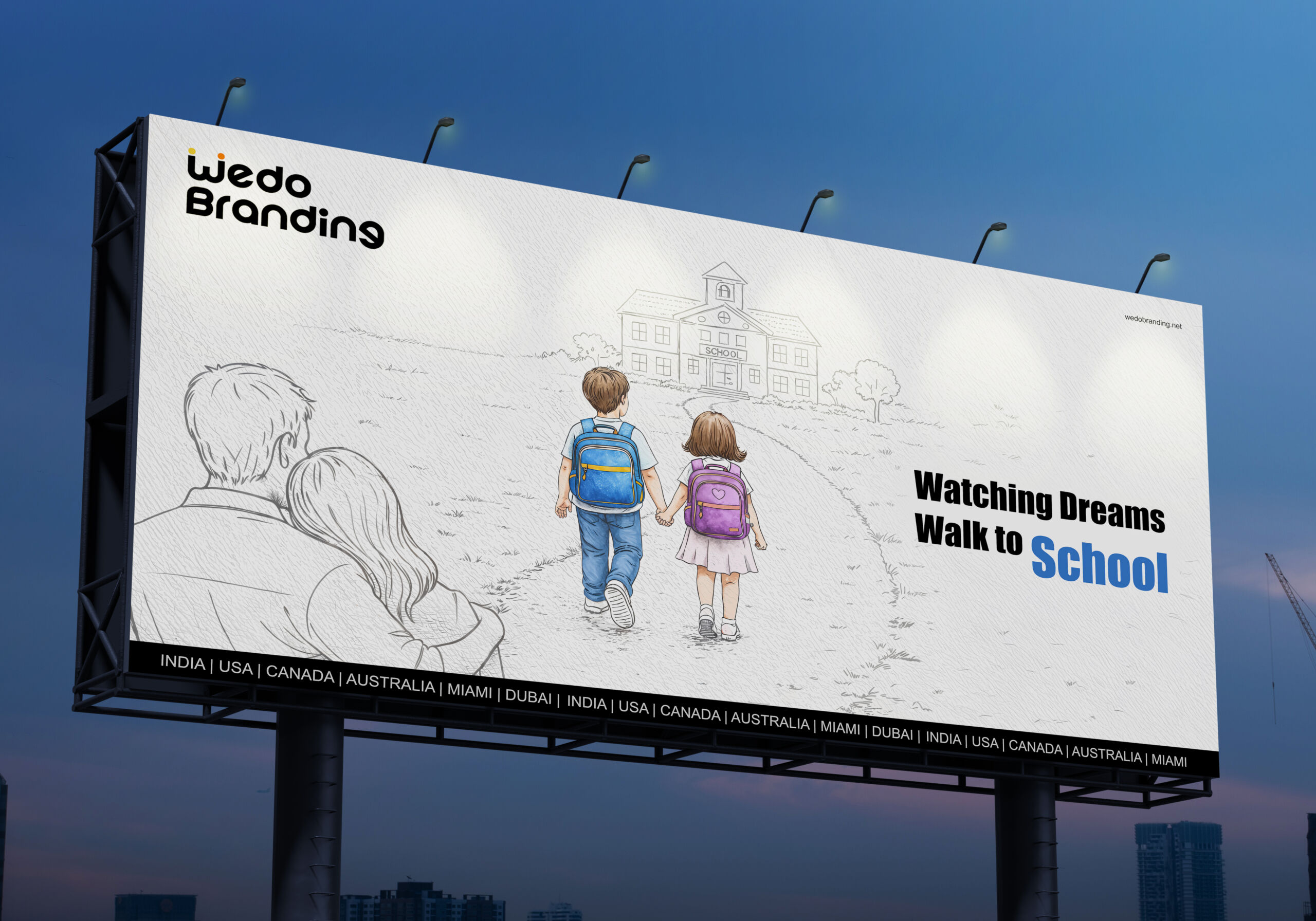Emotional education awareness advertising campaign showing children walking to school