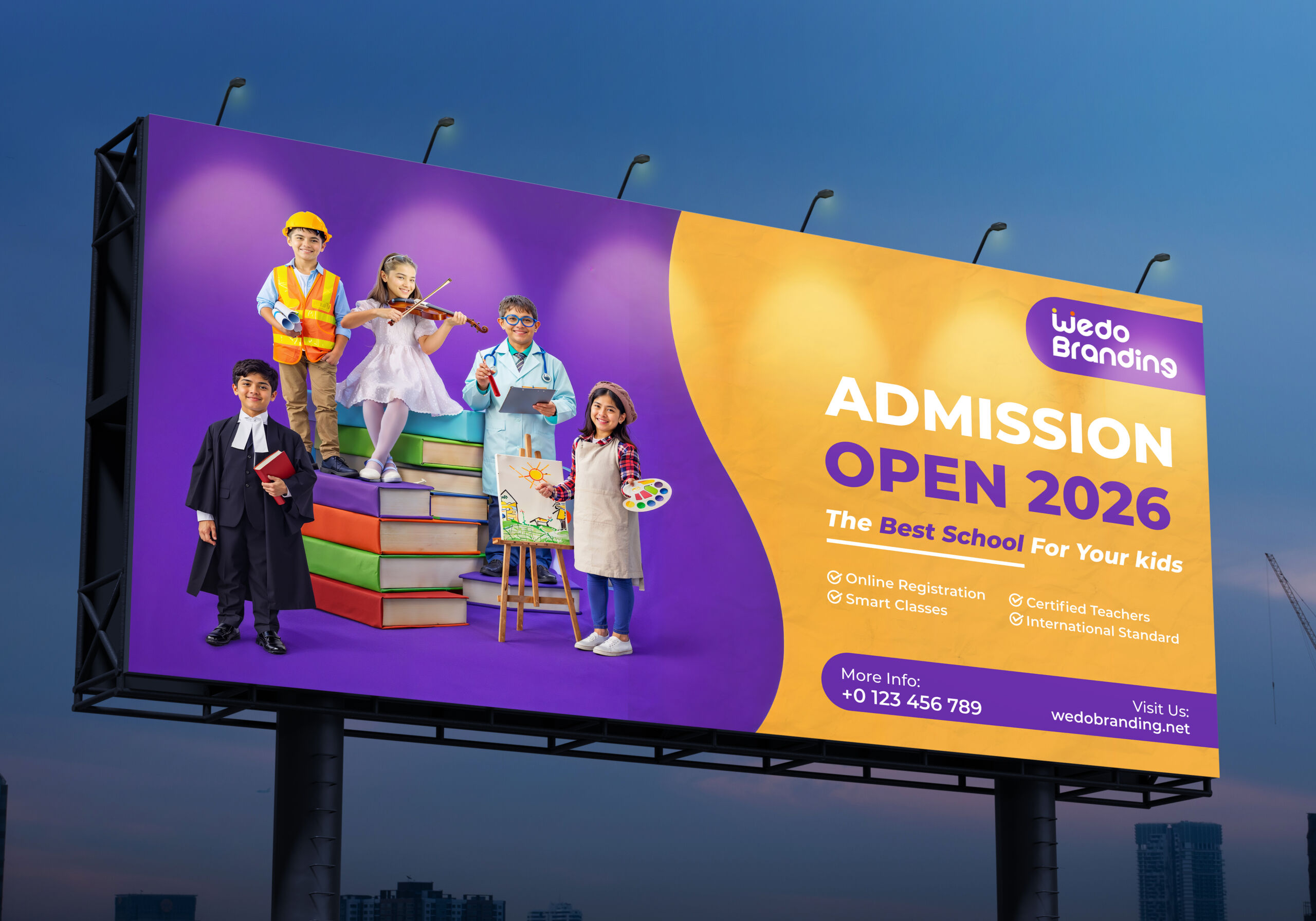 creative school admission poster design with children, education theme, and vibrant branding